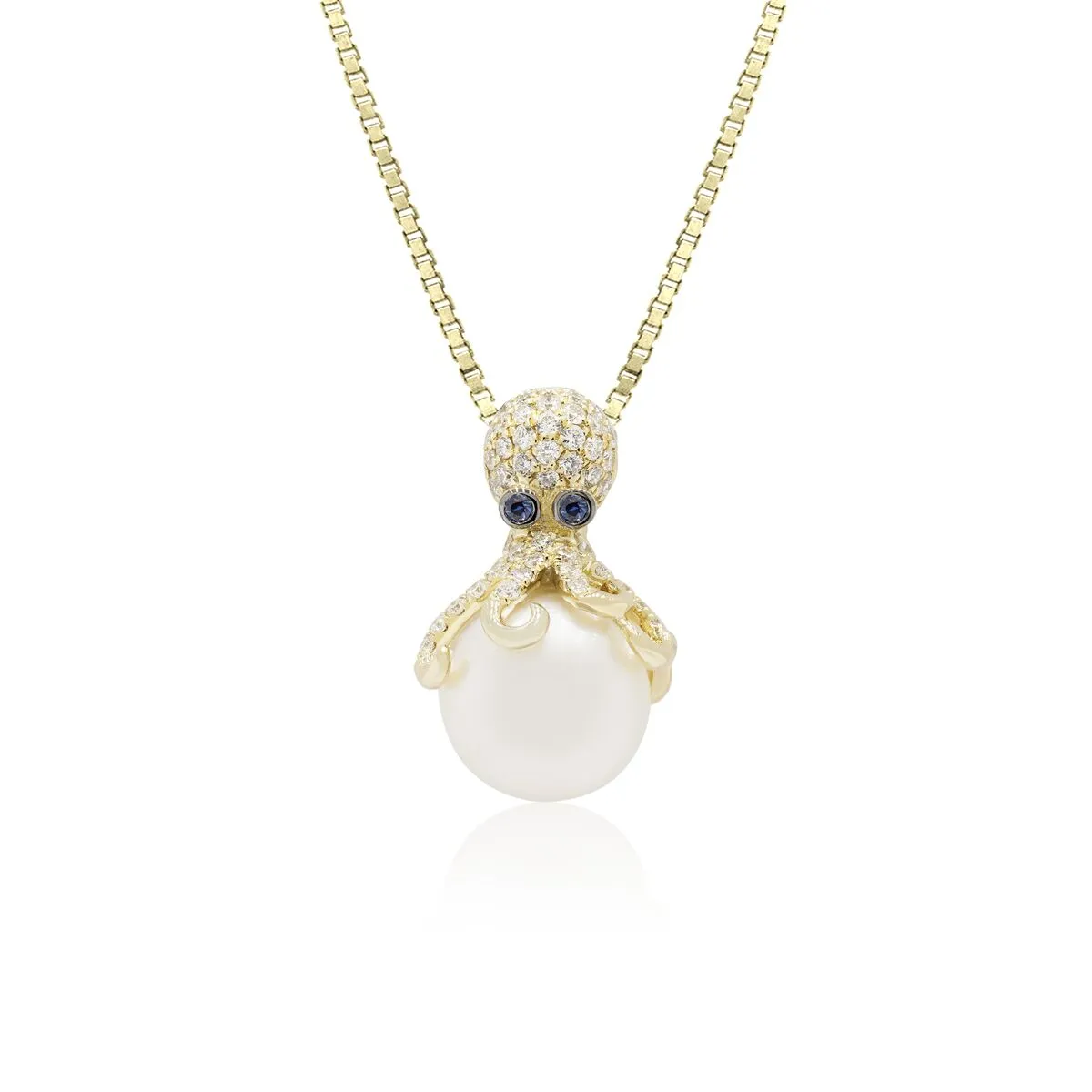 Diamond White Pearl Octopus Drop Pendant 14K Gold