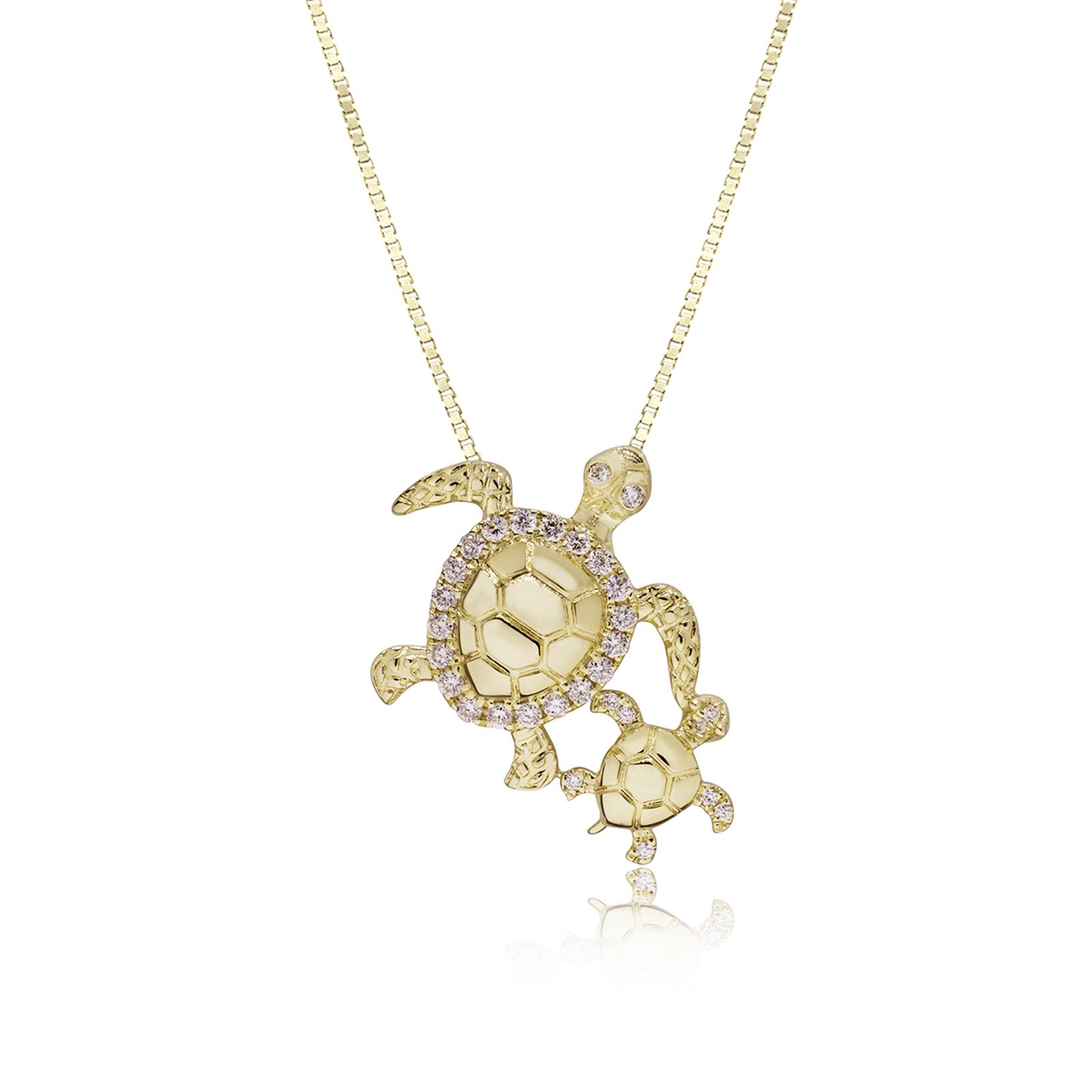 Mother and Baby Diamond Turtle Pendant - 14K White Gold Hawaiian Jewelry
