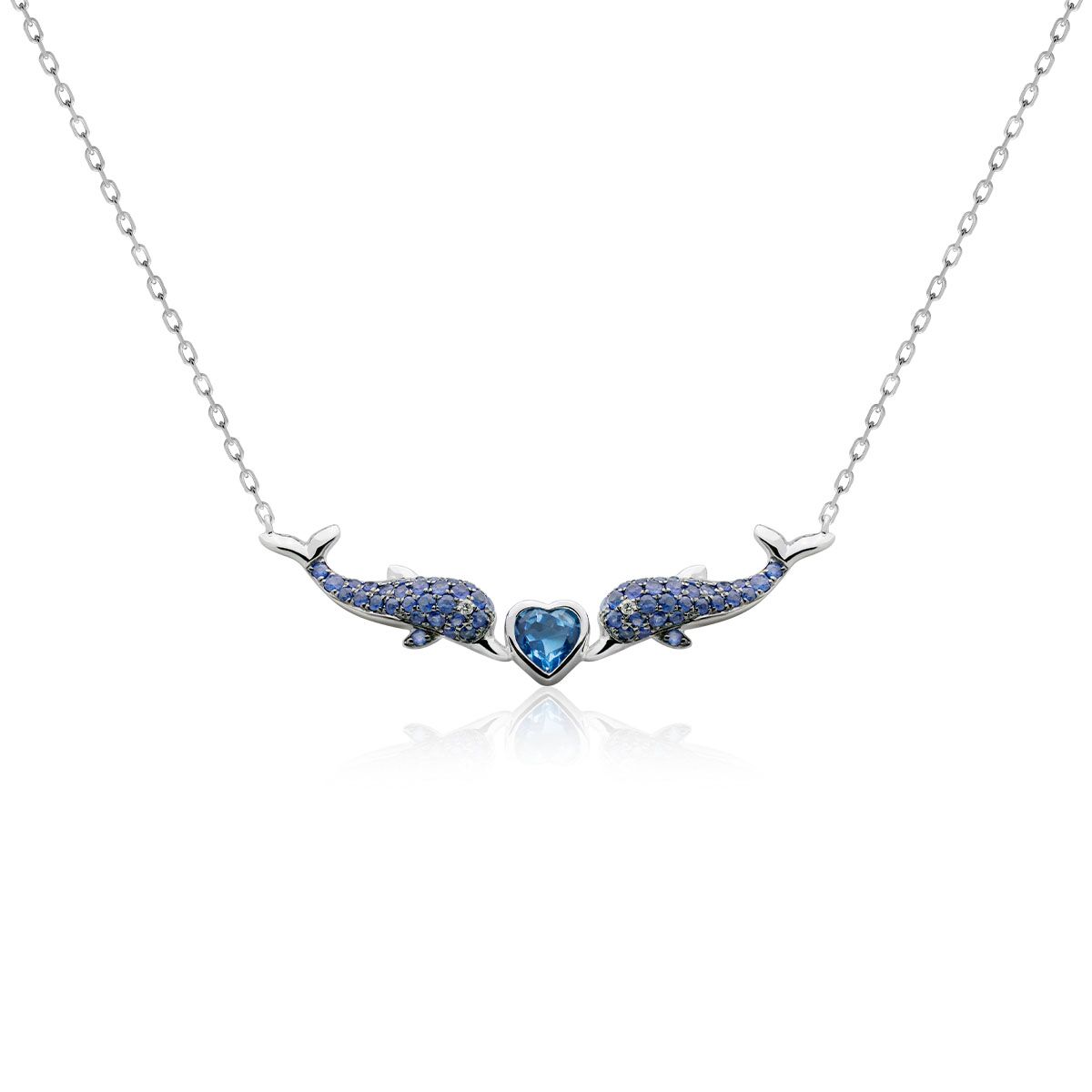 Double Dolphin Heart Necklace 14K Gold