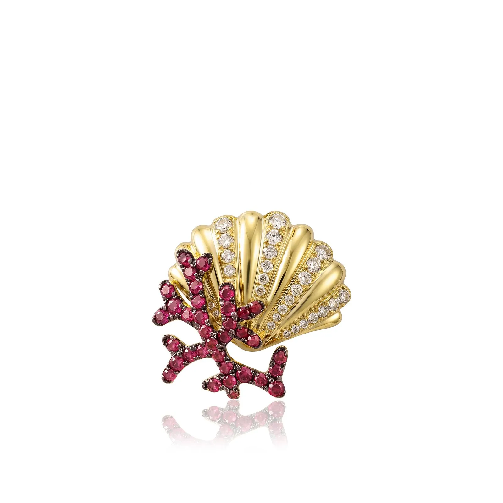 Ruby Coral Seashell Pendant 14K Gold