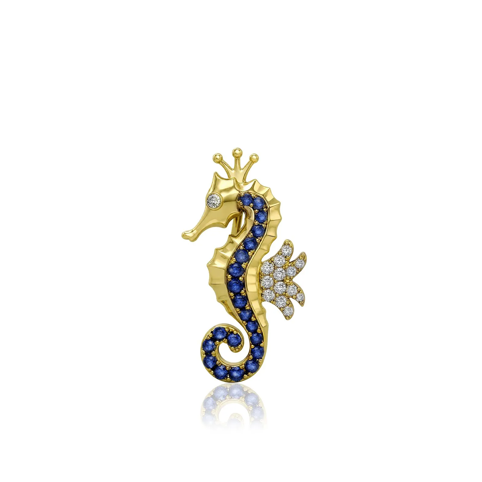 Blue Sapphire Diamond Seahorse Pendant 14K Gold