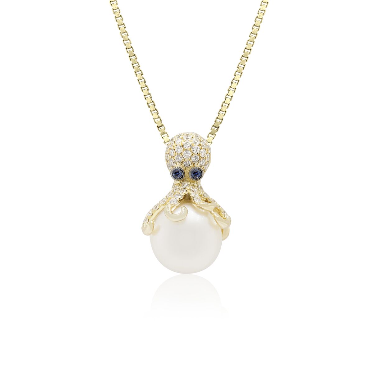 Diamond White Pearl Octopus Drop Pendant 14K Gold