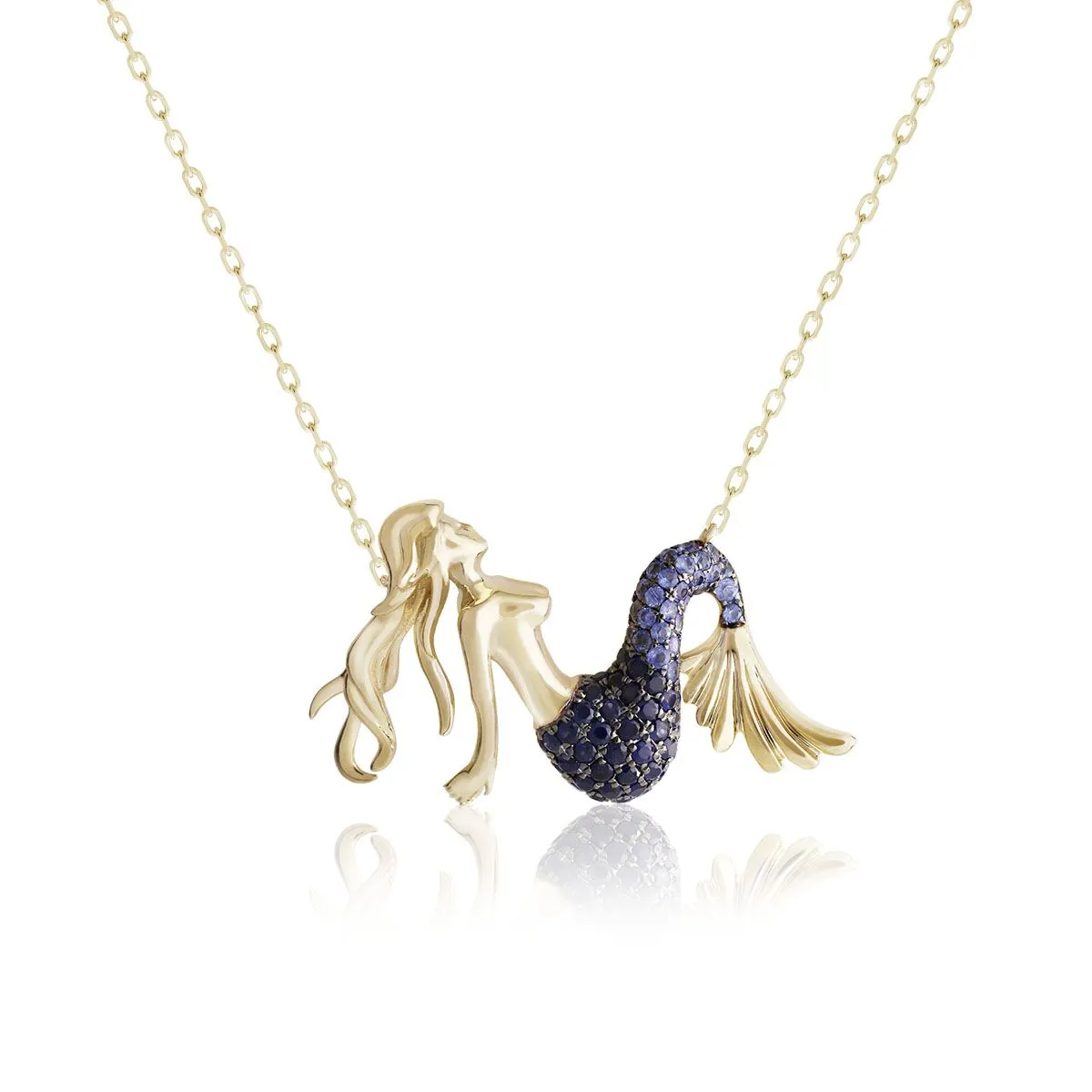 Blue Sapphire Mermaid Necklace 14K Gold