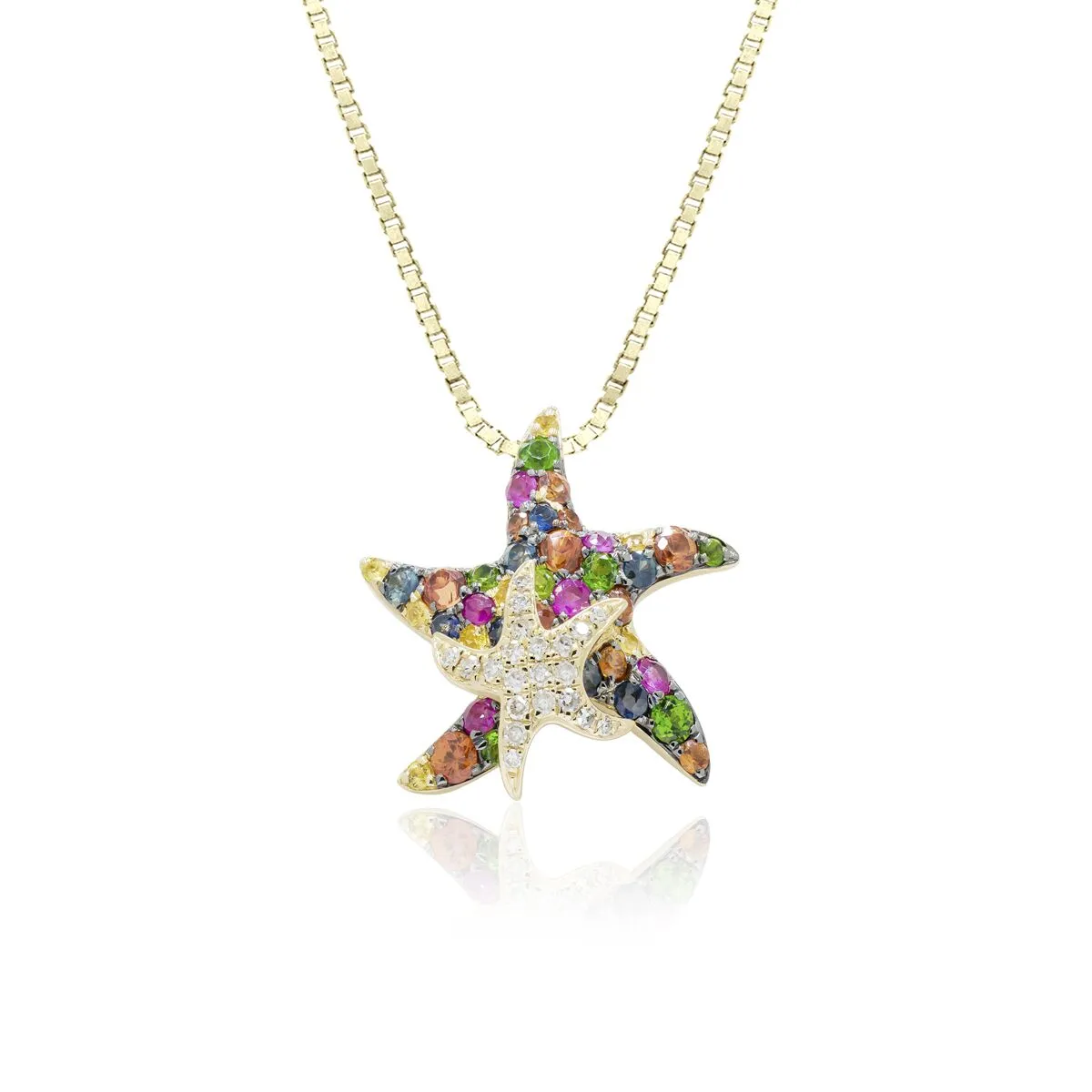 Multi-Sapphire Mother and Baby Starfish Pendant 14K Gold