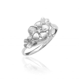 Queen Plumeria Three Flower Ring with Diamond in White Gold
