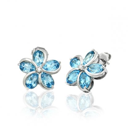 Blue Topaz Plumeria Diamond Earrings in Sterling Silver