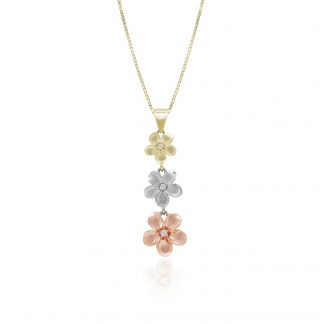 Queen Plumeria Three Flower Pendant with Diamonds Tri Color Gold, 9mm-13mm