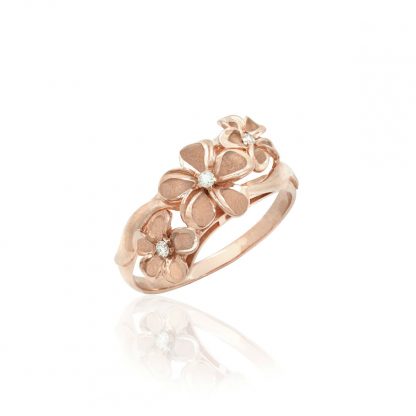 Queen Plumeria Triple Flower Ring with Diamonds Rose Gold