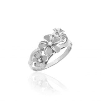 Queen Plumeria Triple Flower Ring with Diamonds White Gold