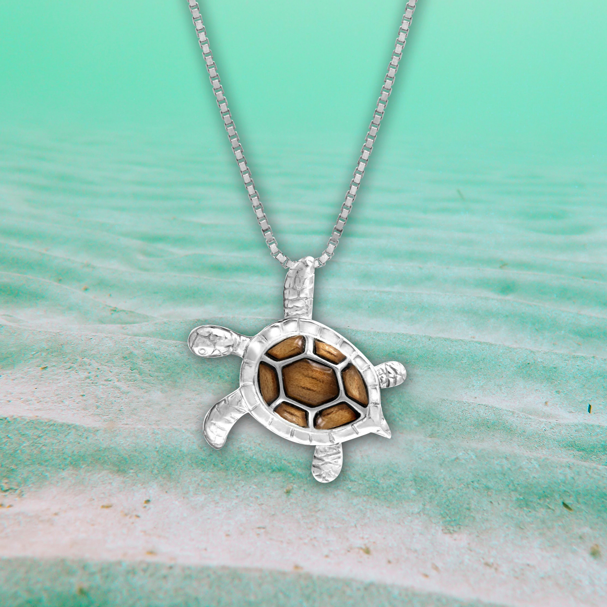 Honolulu Jewelry Company Sterling Silver Koa Wood Turtle Necklace Pendant with Box Chain