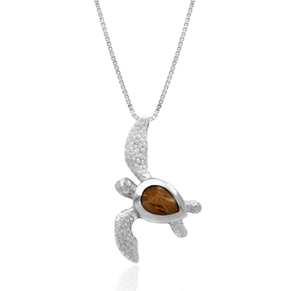 Honolulu Jewelry Company Sterling Silver Koa Wood Turtle Necklace Pendant with Box Chain