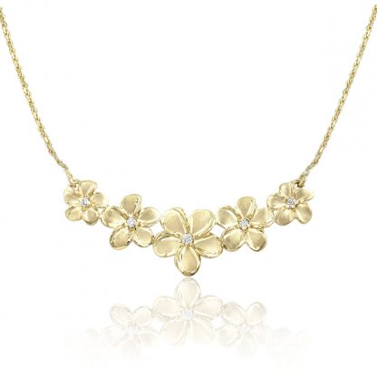 14K Gold Five-Plumeria Diamond Necklace with Rope Chain