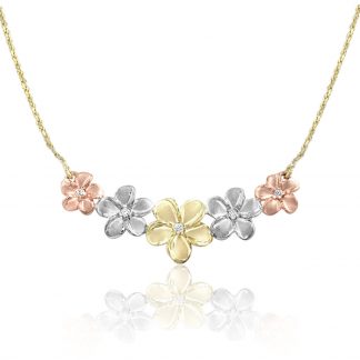 14K Tri Gold Five-Plumeria Diamond Necklace with Rope Chain