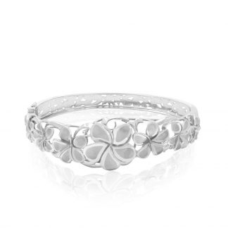 14K White Gold Seven-Plumeria Cutout Bangle with Hinge