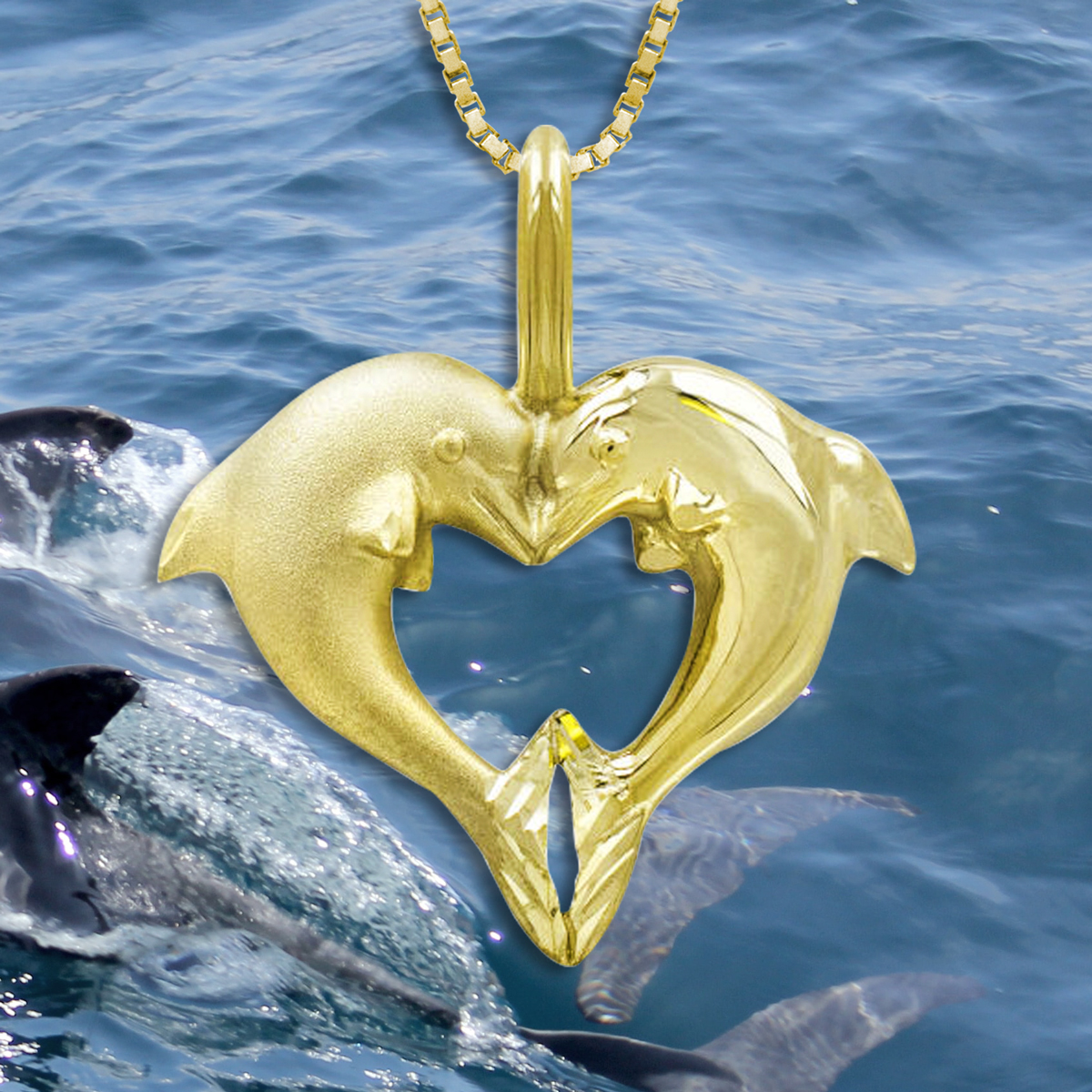 14K Yellow Gold Shiny-Cut Satin & Polished Dolphins Heart Pendant