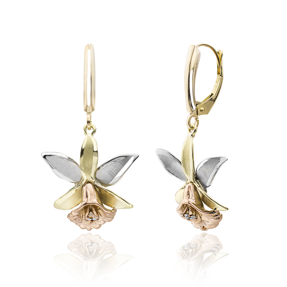 Tri Color Gold Orchid Leverback Earrings with Diamond