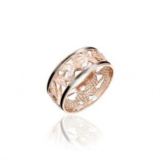 Hawaiian Flowers Ring in Rose Gold with Black Enamel Border