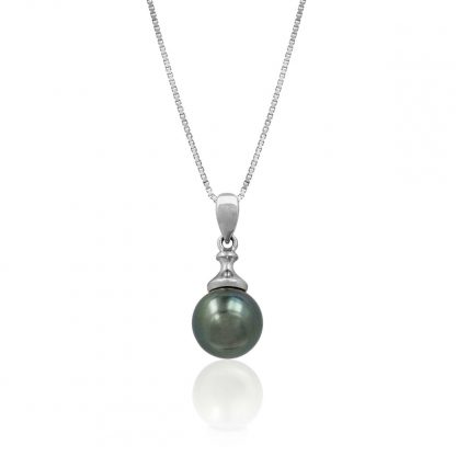 14K White Gold Tapered Bail Cup Tahitian Black Pearl Pendant
