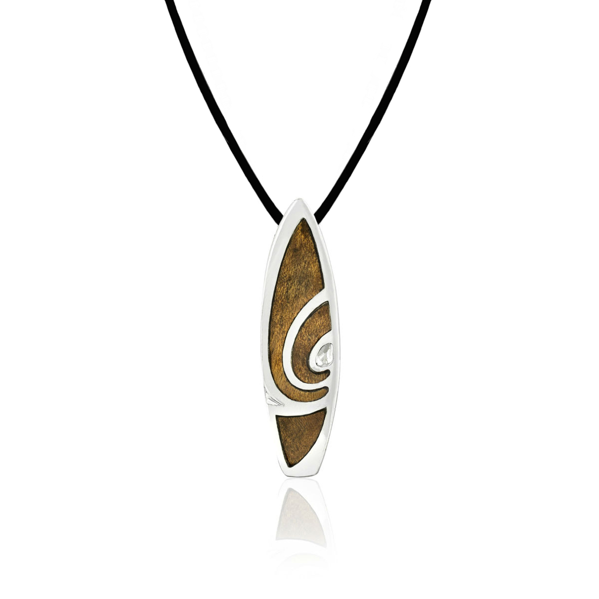 Hawaiian Jewelry Koa Wood Surfboard Silver Rhodium Plated Brass Pendant BRP1110 