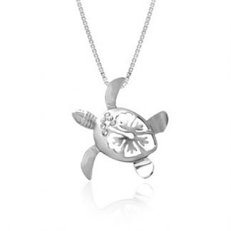 Turtle with Hibiscus Cutout Diamond Pendant in White Gold, 20mm