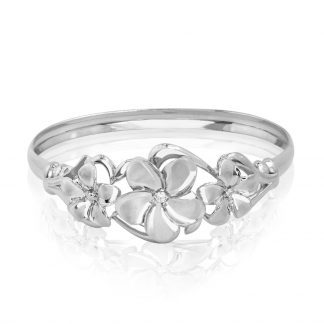 Queen Plumeria Three Flower White Gold Bangle with Diamonds