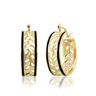 14K Gold Maile Hoop Black Border Earrings