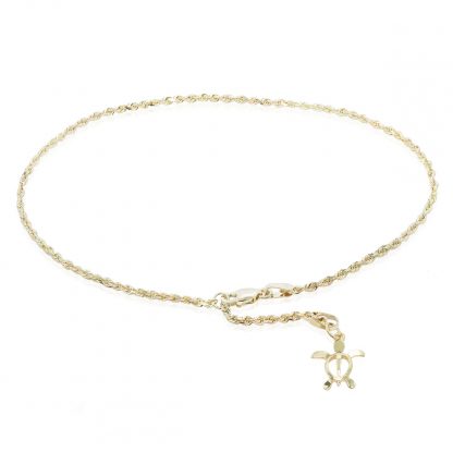 14K Yellow Adjustable Anklet with Honu Charm size 9-10