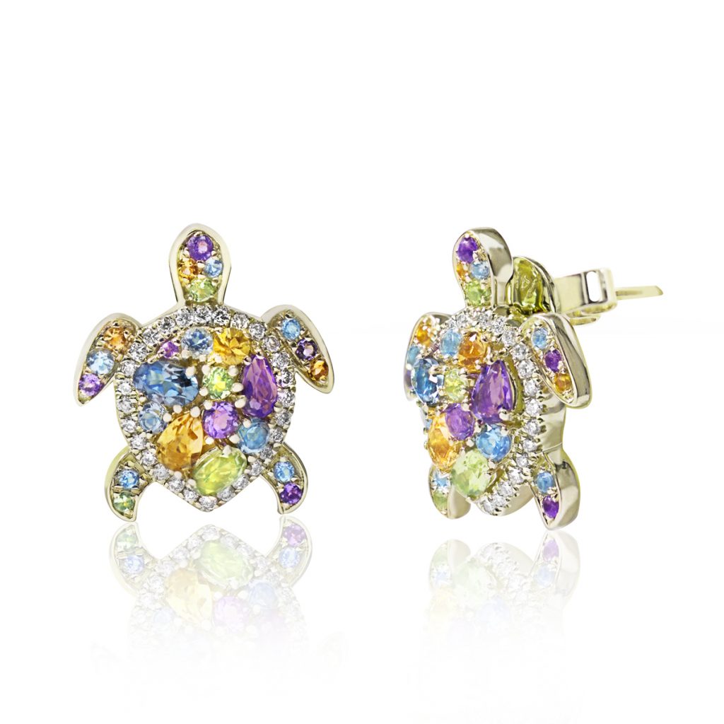 14K Gold Turtle Earrings with Semi Precious Stones