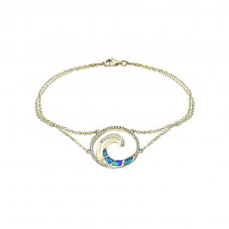 Deluxe Blue Opal Lustrous Diamond Wave Chain Link Bracelet Yellow Gold