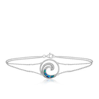 Deluxe Blue Opal Lustrous Diamond Wave Chain Link Bracelet White Gold