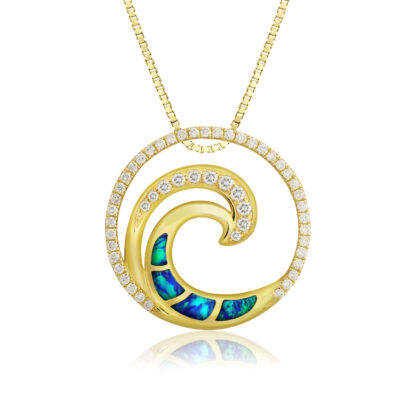 Deluxe Blue Opal Lustrous Diamond Wave Pendant 20mm - Image 2