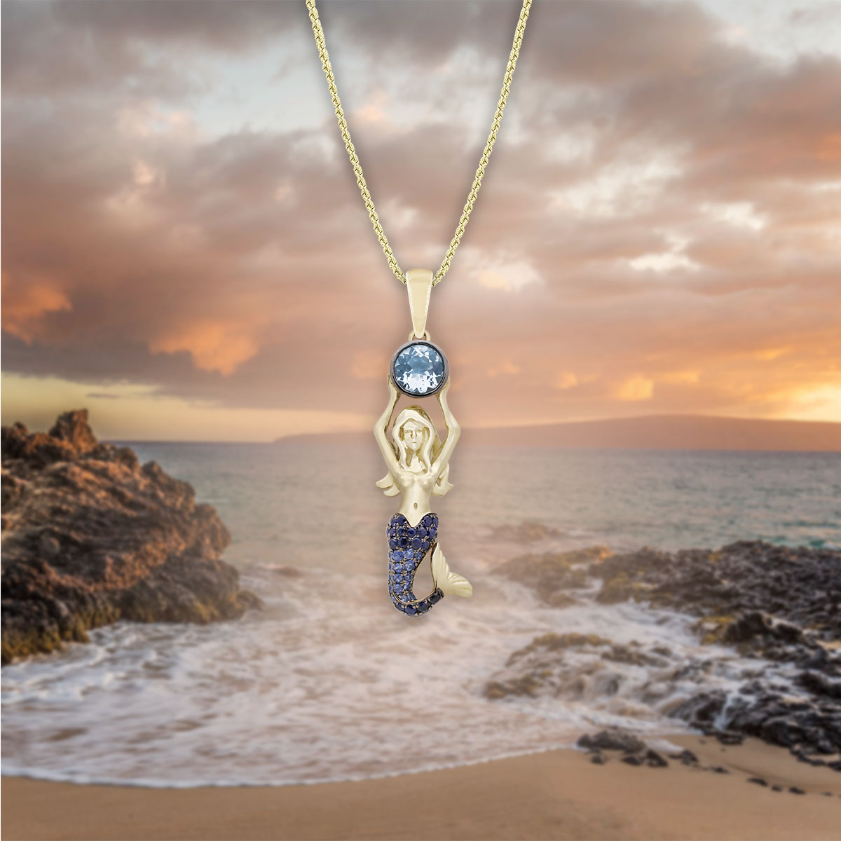 Gold Blue Topaz and Sapphires Mermaid Pendant