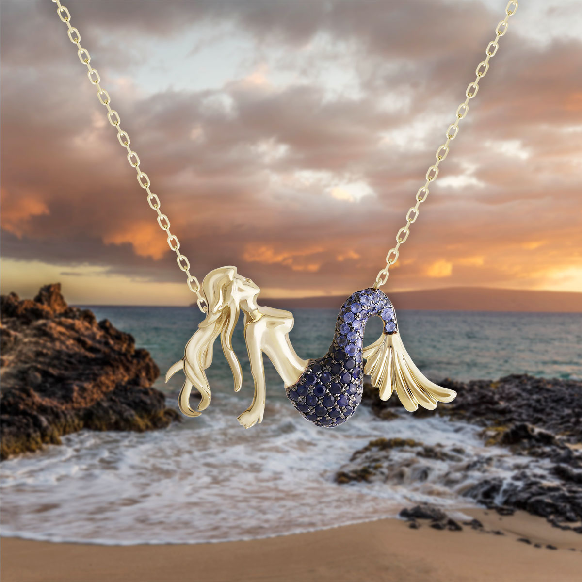 Gold Blue Sapphire Mermaid Pendant Necklace