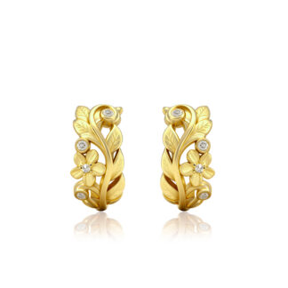 Maile Plumeria Huggie Earrings with White Diamonds