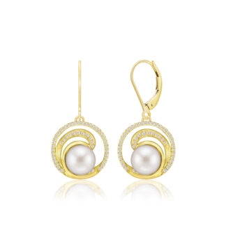 Lustrous Diamond Wave Freshwater Pearl Earrings Yellow Gold 0.33ct