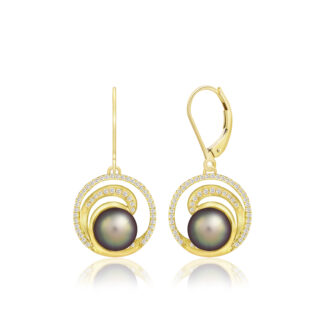 Lustrous Diamond Wave Tahitian Peacock Pearl Earrings 15mm