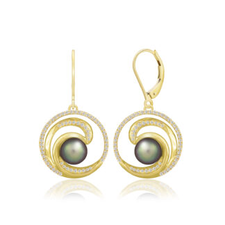 Lustrous Diamond Wave Tahitian Peacock Pearl Earrings 20mm