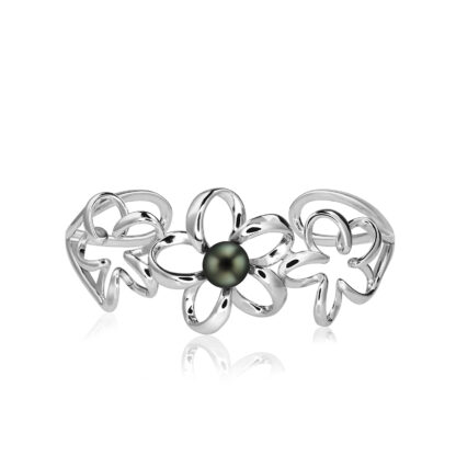 Sterling Silver Contour Plumeria Cuff Bangle with Tahitian Black Pearl