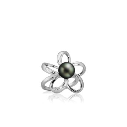 Sterling Silver Contour Plumeria Ring with Tahitian Black Pearl