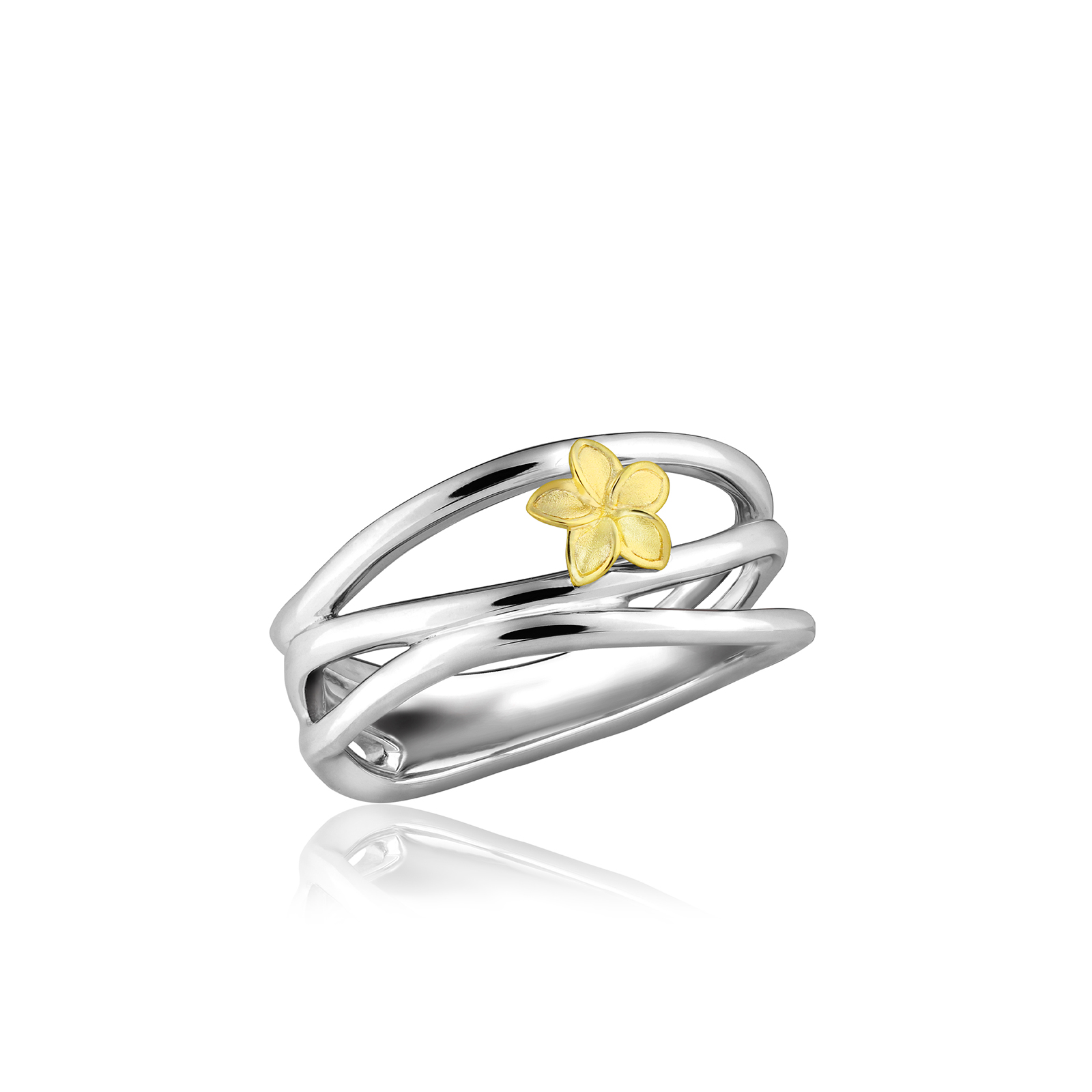 14K Yellow Gold Sterling Silver Plumeria Wave Ring