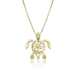 Turtle with Plumeria Gold Pendant - 14K Rose Gold Hawaiian Jewelry