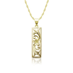 Plumeria Scroll Vertical Bar Pendant - 14K Yellow Gold Hawaiian Jewelry
