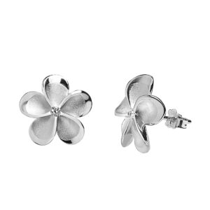 Queen Plumeria Diamond Stud Earrings in Sterling Silver - Diamond Hawaiian Jewelry