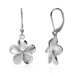 Silver Queen Plumeria Diamond Leverback Earrings - Diamond Hawaiian Jewelry