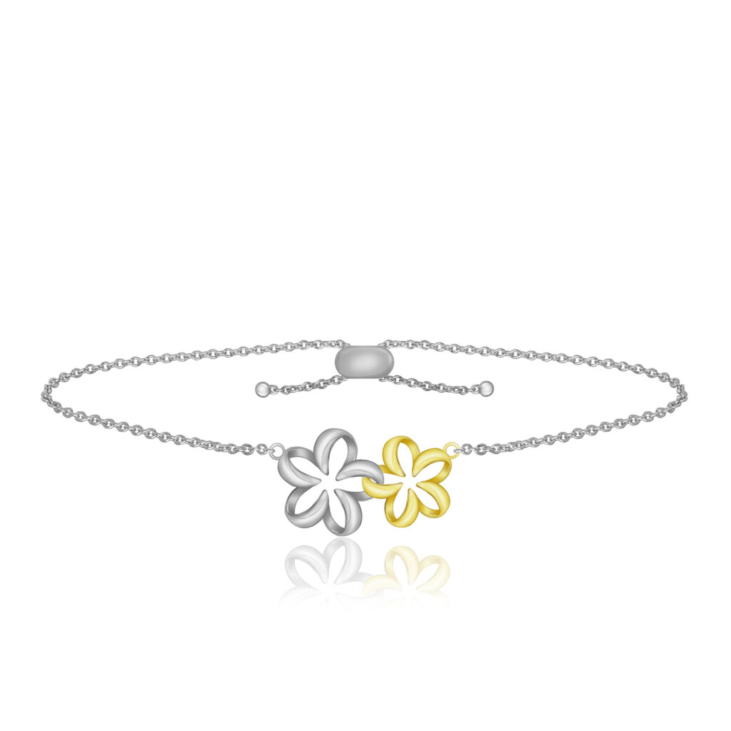 Two Tone Floating Plumeria Adjustable Bracelet - Bracelets Hawaiian Jewelry