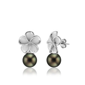 Silver Plumeria Tahitian Pearl Earrings - Earrings Hawaiian Jewelry