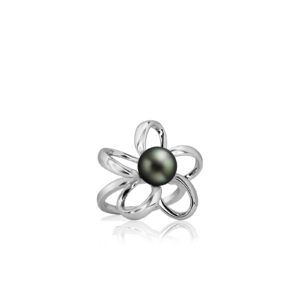 Sterling Silver Contour Plumeria Ring with Tahitian Black Pearl - Diamond Hawaiian Jewelry