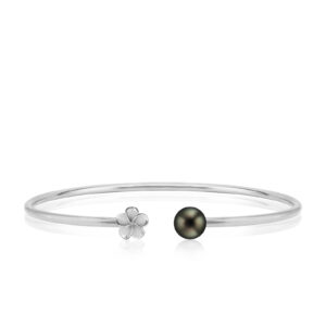 Silver Plumeria Tahitian Pearl Bangle - Bracelets Hawaiian Jewelry