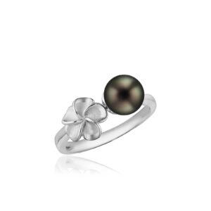 Sterling Silver Plumeria Ring with Tahitian Black Pearl - Diamond Hawaiian Jewelry