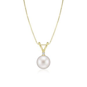 Freshwater White Pearl Rabbit Bail Diamond Pendant 8mm - 14K Rose Gold Hawaiian Jewelry